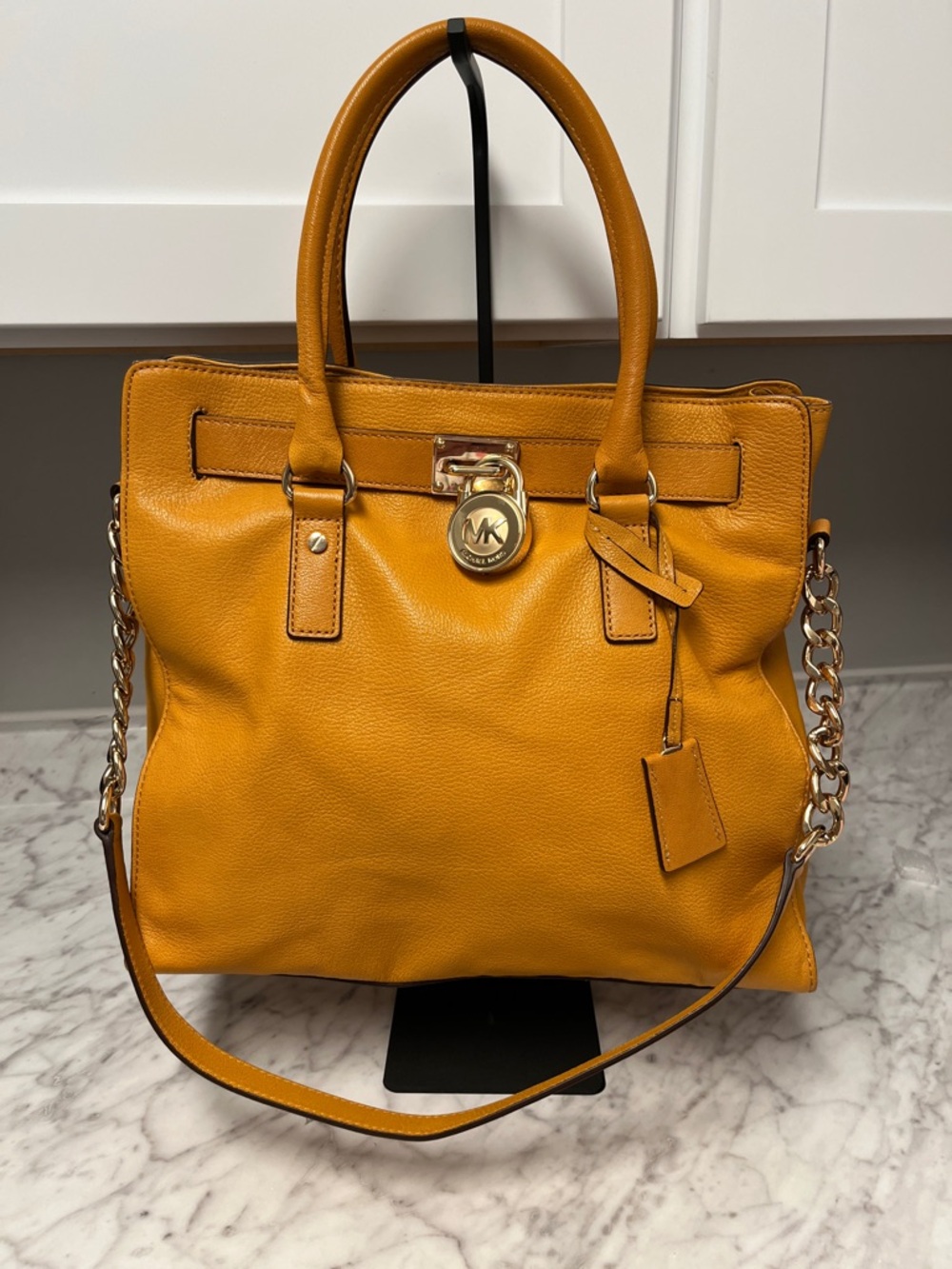 Michael Kors Mustard Yellow Pebbled Leather Tote with Gold Hardware